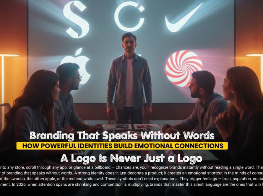 Creative brand identity elements including logo, color palette and packaging design conveying emotion without text