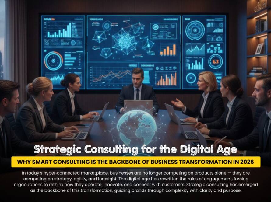 Business consultants discussing digital transformation strategy with data analytics and AI technology visuals